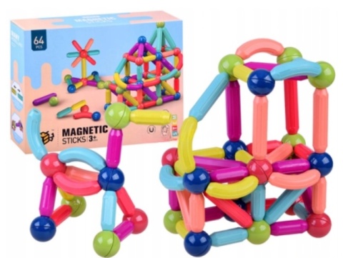 Klocki Magnetyczne Duże Magnetic Sticks Edukacyjne Pałeczki Kulki 64 el