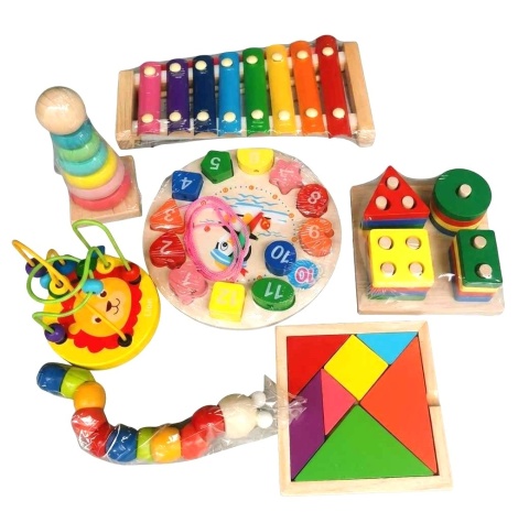Zestaw Montessori 7w1 Drewniane Zabawki Edukacyjne – Cymbałki Sorter Zegar Układanka